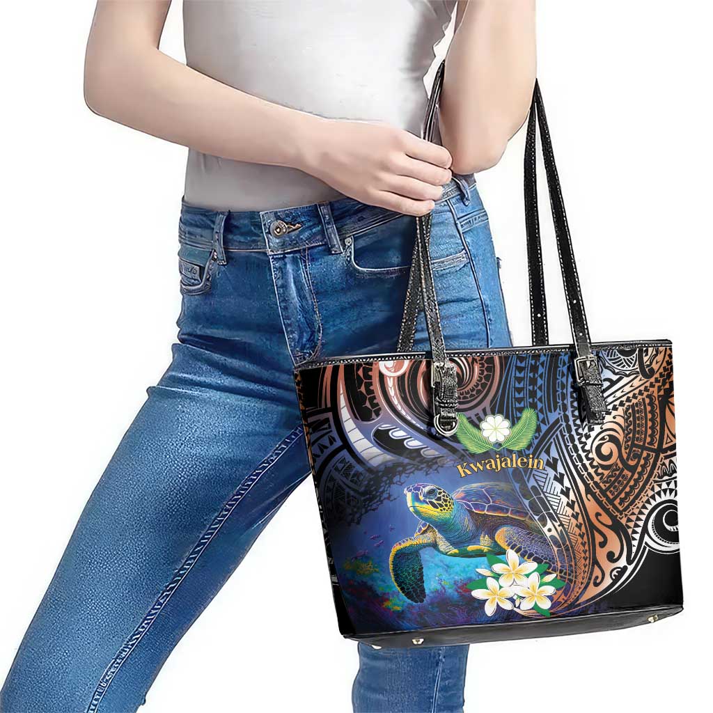 Marshall Islands Kwajalein Atoll Leather Tote Bag Plumeria Sea Turtle with Polynesian Tribal LT9 - Polynesian Pride