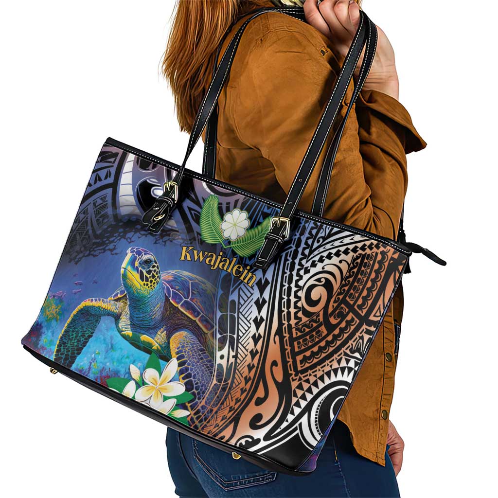 Marshall Islands Kwajalein Atoll Leather Tote Bag Plumeria Sea Turtle with Polynesian Tribal LT9 - Polynesian Pride
