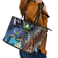 Marshall Islands Kwajalein Atoll Leather Tote Bag Plumeria Sea Turtle with Polynesian Tribal LT9 - Polynesian Pride