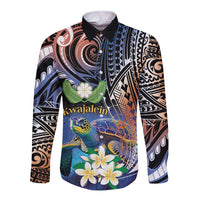 Marshall Islands Kwajalein Atoll Long Sleeve Button Shirt Plumeria Sea Turtle with Polynesian Tribal LT9 Unisex Blue - Polynesian Pride