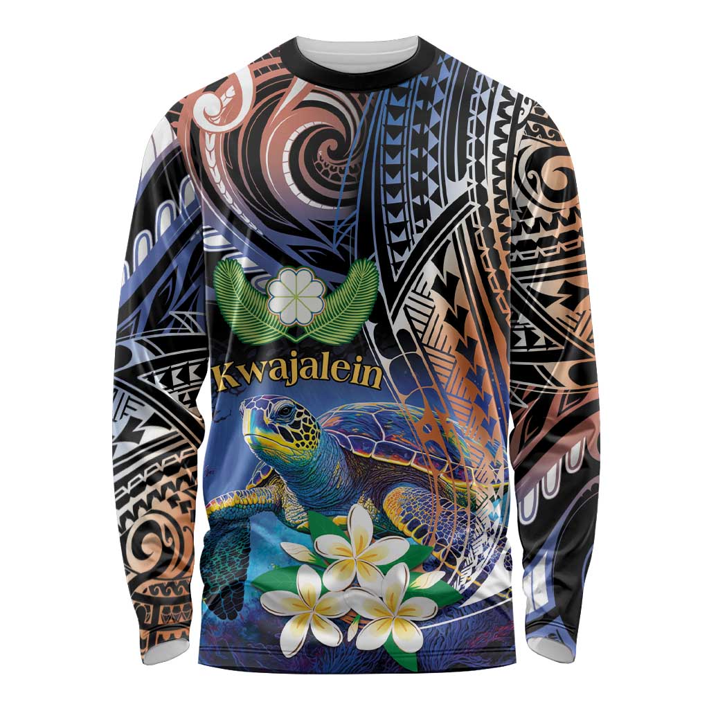 Marshall Islands Kwajalein Atoll Long Sleeve Shirt Plumeria Sea Turtle with Polynesian Tribal LT9 Unisex Blue - Polynesian Pride