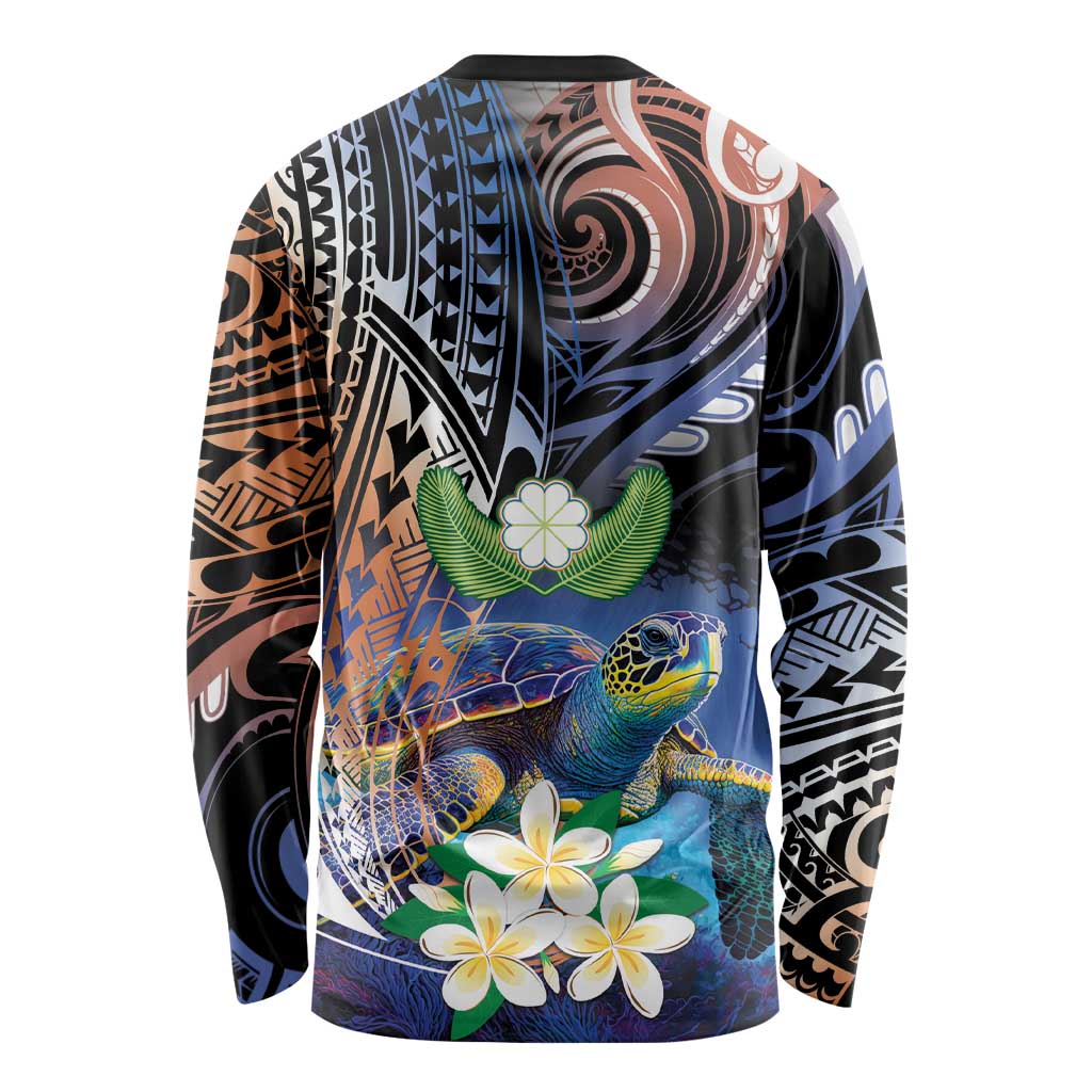 Marshall Islands Kwajalein Atoll Long Sleeve Shirt Plumeria Sea Turtle with Polynesian Tribal LT9 - Polynesian Pride