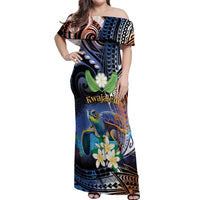 Marshall Islands Kwajalein Atoll Off Shoulder Maxi Dress Plumeria Sea Turtle with Polynesian Tribal LT9 Women Blue - Polynesian Pride