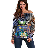 Marshall Islands Kwajalein Atoll Off Shoulder Sweater Plumeria Sea Turtle with Polynesian Tribal LT9 Women Blue - Polynesian Pride