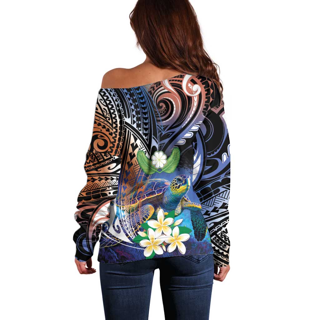 Marshall Islands Kwajalein Atoll Off Shoulder Sweater Plumeria Sea Turtle with Polynesian Tribal LT9 - Polynesian Pride