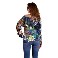 Marshall Islands Kwajalein Atoll Off Shoulder Sweater Plumeria Sea Turtle with Polynesian Tribal LT9 - Polynesian Pride