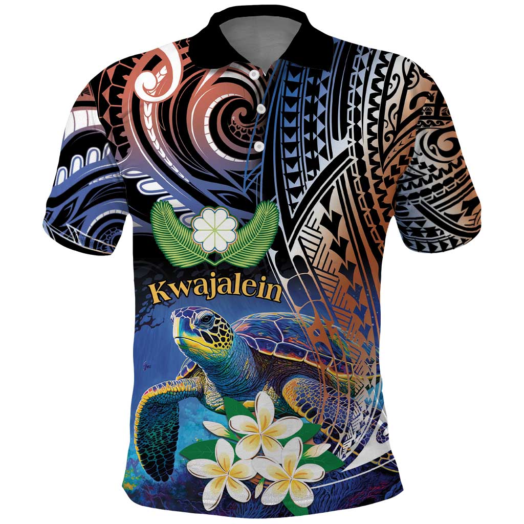 Marshall Islands Kwajalein Atoll Polo Shirt Plumeria Sea Turtle with Polynesian Tribal LT9 Blue - Polynesian Pride