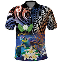 Marshall Islands Kwajalein Atoll Polo Shirt Plumeria Sea Turtle with Polynesian Tribal LT9 Blue - Polynesian Pride