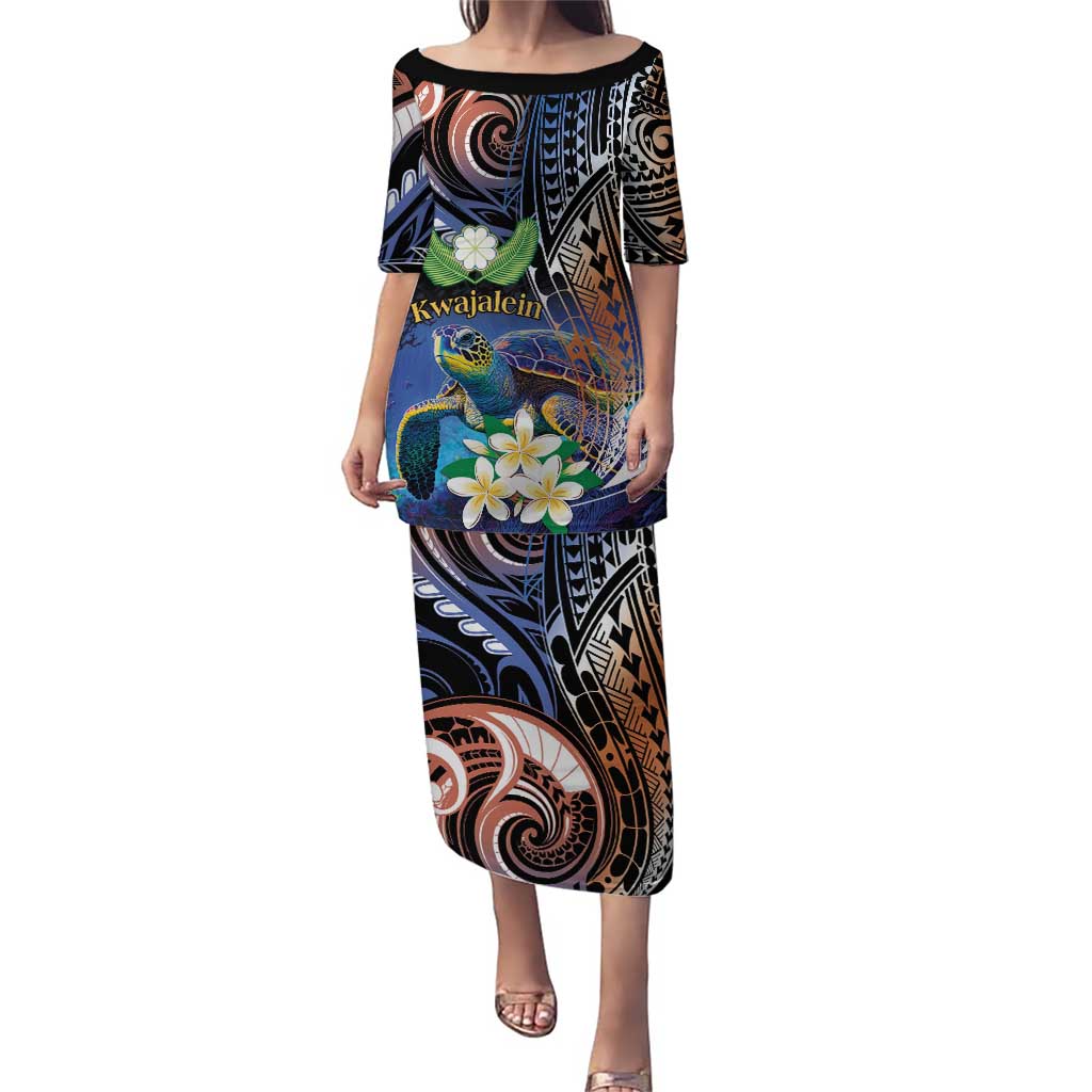 Marshall Islands Kwajalein Atoll Puletasi Plumeria Sea Turtle with Polynesian Tribal LT9 Long Dress Blue - Polynesian Pride