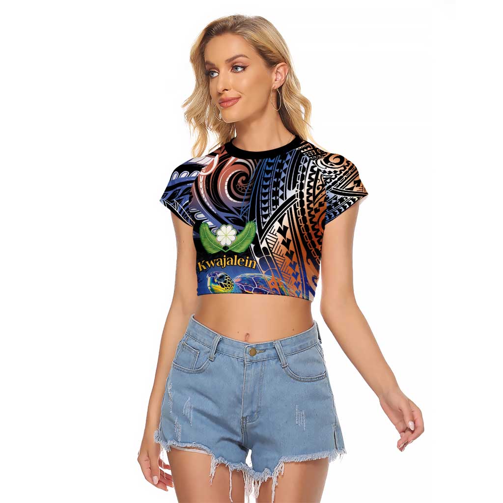 Marshall Islands Kwajalein Atoll Raglan Cropped T Shirt Plumeria Sea Turtle with Polynesian Tribal LT9 Female Blue - Polynesian Pride