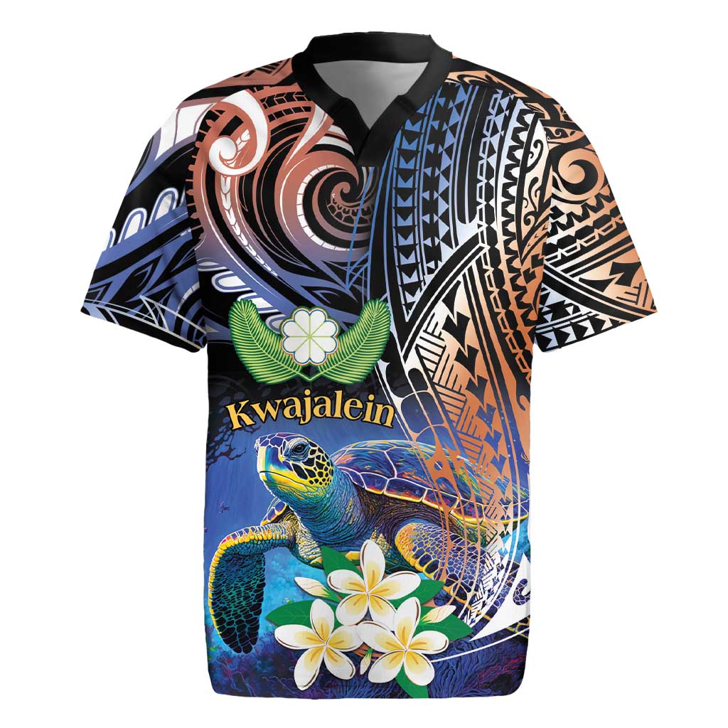 Marshall Islands Kwajalein Atoll Rugby Jersey Plumeria Sea Turtle with Polynesian Tribal LT9 Blue - Polynesian Pride