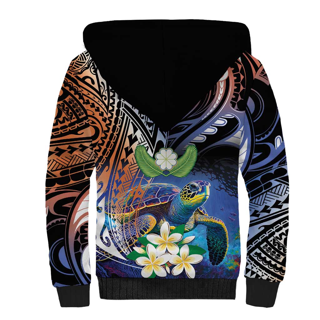 Marshall Islands Kwajalein Atoll Sherpa Hoodie Plumeria Sea Turtle with Polynesian Tribal LT9 - Polynesian Pride