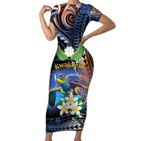 Marshall Islands Kwajalein Atoll Short Sleeve Bodycon Dress Plumeria Sea Turtle with Polynesian Tribal LT9 Long Dress Blue - Polynesian Pride