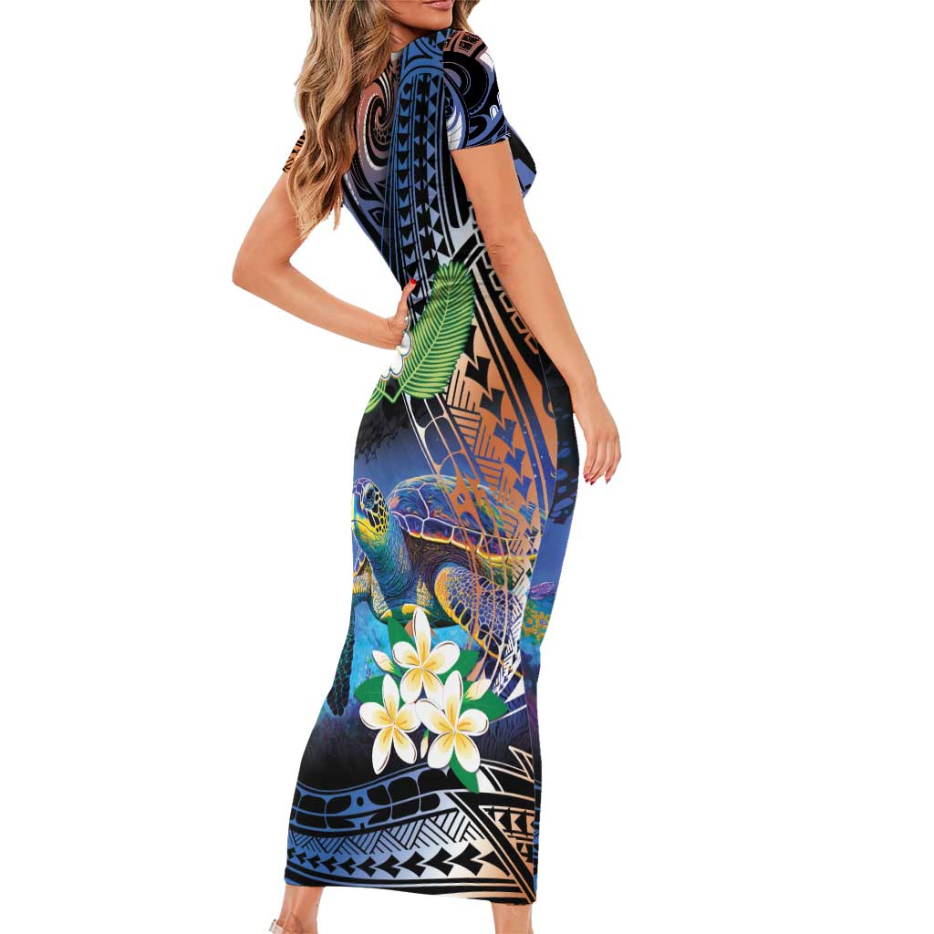 Marshall Islands Kwajalein Atoll Short Sleeve Bodycon Dress Plumeria Sea Turtle with Polynesian Tribal LT9 - Polynesian Pride