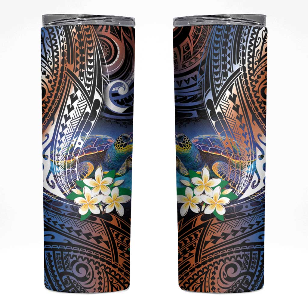 Marshall Islands Kwajalein Atoll Skinny Tumbler Plumeria Sea Turtle with Polynesian Tribal LT9 Blue - Polynesian Pride