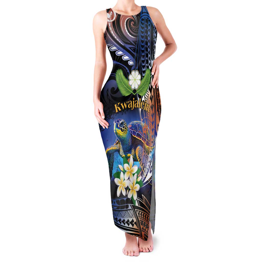 Marshall Islands Kwajalein Atoll Tank Maxi Dress Plumeria Sea Turtle with Polynesian Tribal LT9 Women Blue - Polynesian Pride