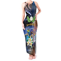 Marshall Islands Kwajalein Atoll Tank Maxi Dress Plumeria Sea Turtle with Polynesian Tribal LT9 Women Blue - Polynesian Pride