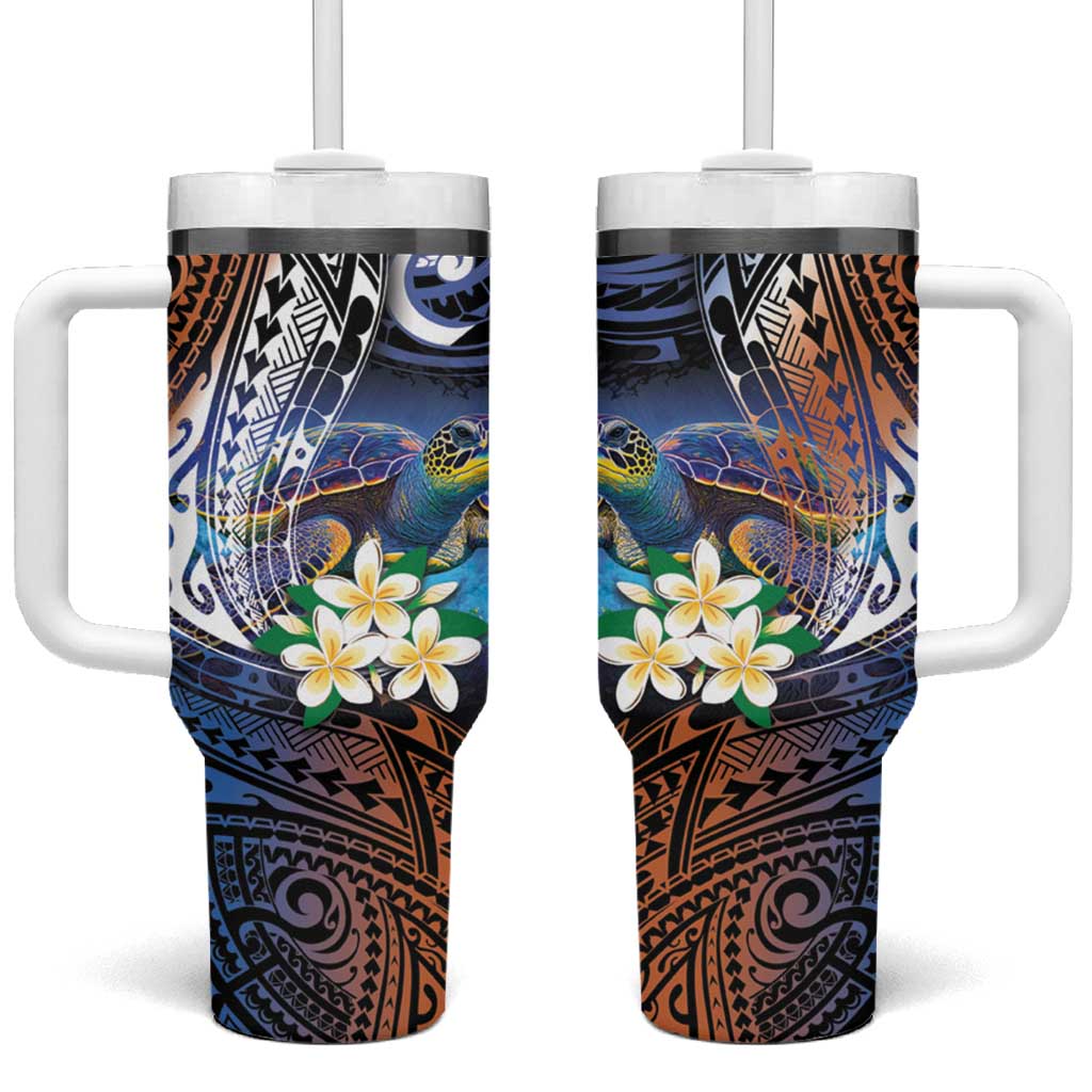 Marshall Islands Kwajalein Atoll Tumbler With Handle Plumeria Sea Turtle with Polynesian Tribal LT9 One Size: 40 oz Blue - Polynesian Pride