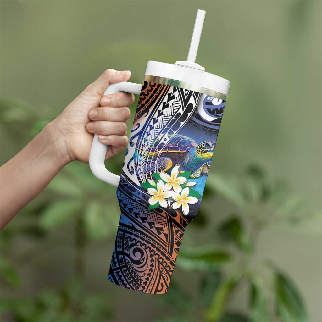 Marshall Islands Kwajalein Atoll Tumbler With Handle Plumeria Sea Turtle with Polynesian Tribal LT9 - Polynesian Pride