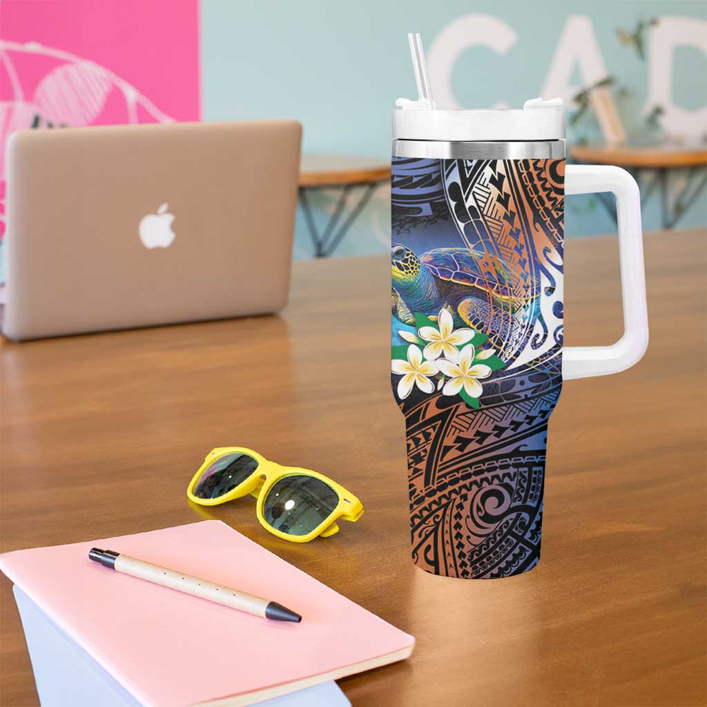 Marshall Islands Kwajalein Atoll Tumbler With Handle Plumeria Sea Turtle with Polynesian Tribal LT9 - Polynesian Pride