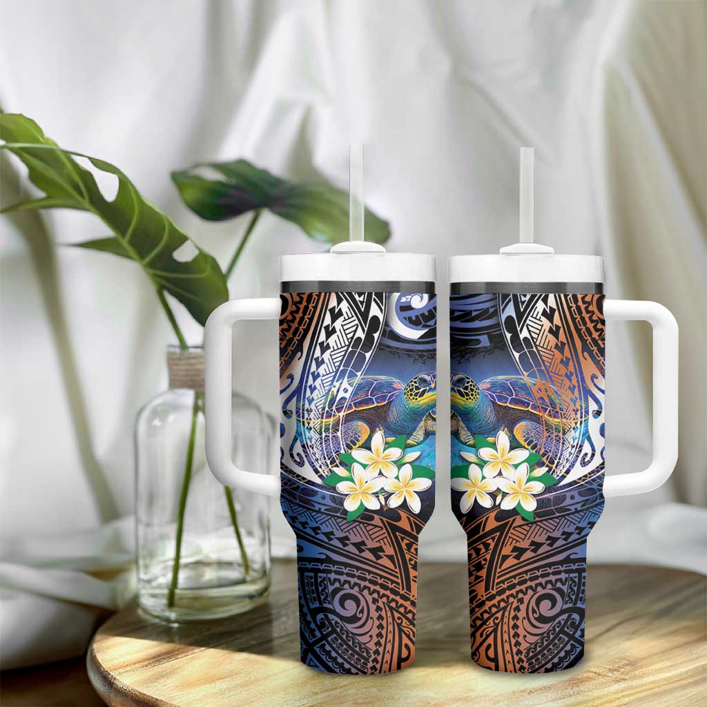 Marshall Islands Kwajalein Atoll Tumbler With Handle Plumeria Sea Turtle with Polynesian Tribal LT9 - Polynesian Pride