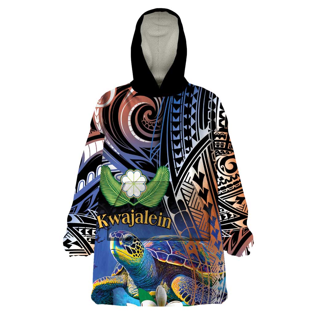 Marshall Islands Kwajalein Atoll Wearable Blanket Hoodie Plumeria Sea Turtle with Polynesian Tribal LT9 One Size Blue - Polynesian Pride