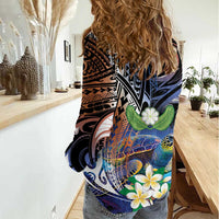 Marshall Islands Kwajalein Atoll Women Casual Shirt Plumeria Sea Turtle with Polynesian Tribal LT9 - Polynesian Pride