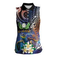 Marshall Islands Kwajalein Atoll Women Sleeveless Polo Shirt Plumeria Sea Turtle with Polynesian Tribal LT9 Female Blue - Polynesian Pride