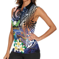 Marshall Islands Kwajalein Atoll Women Sleeveless Polo Shirt Plumeria Sea Turtle with Polynesian Tribal LT9 - Polynesian Pride