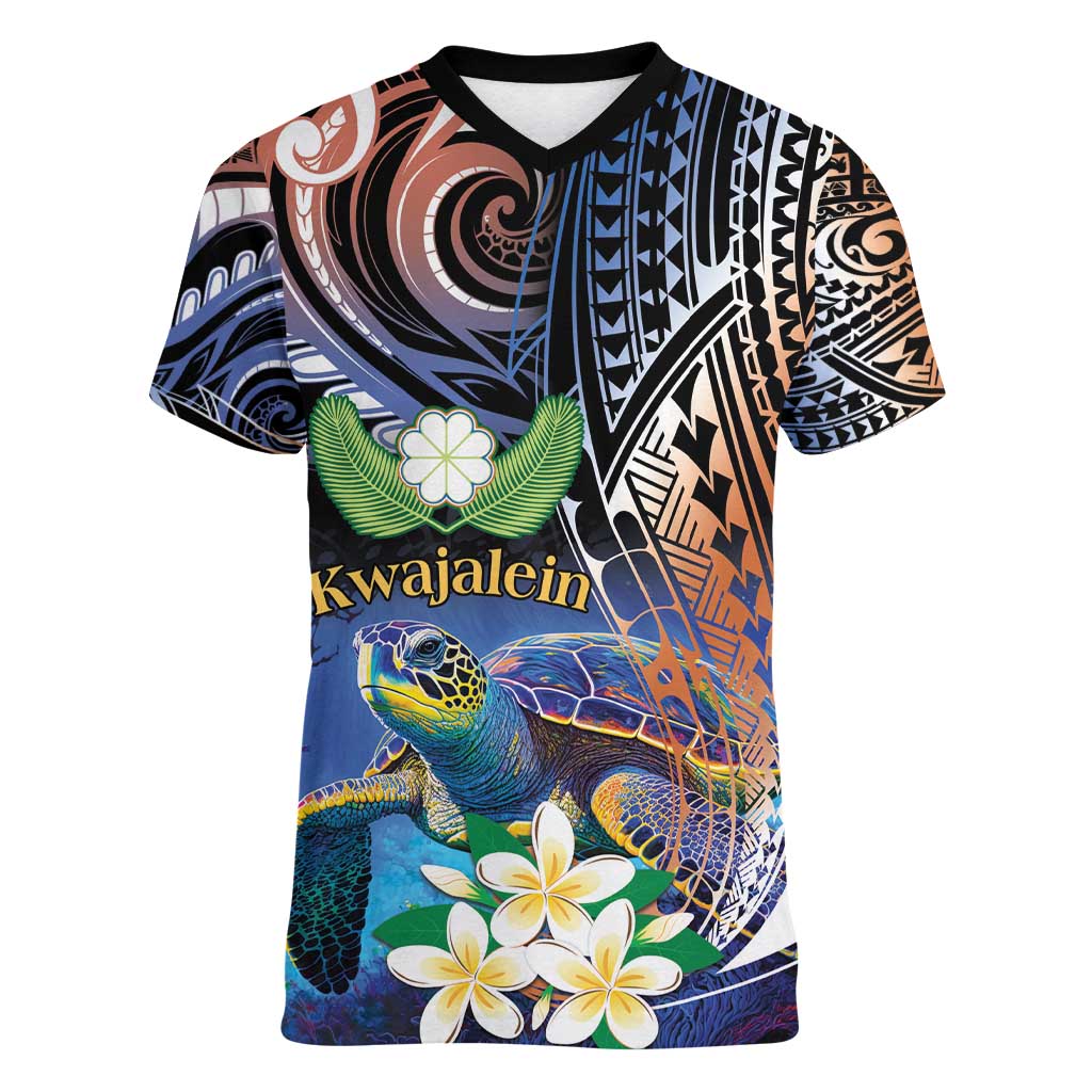 Marshall Islands Kwajalein Atoll Women V-Neck T-Shirt Plumeria Sea Turtle with Polynesian Tribal LT9 Female Blue - Polynesian Pride