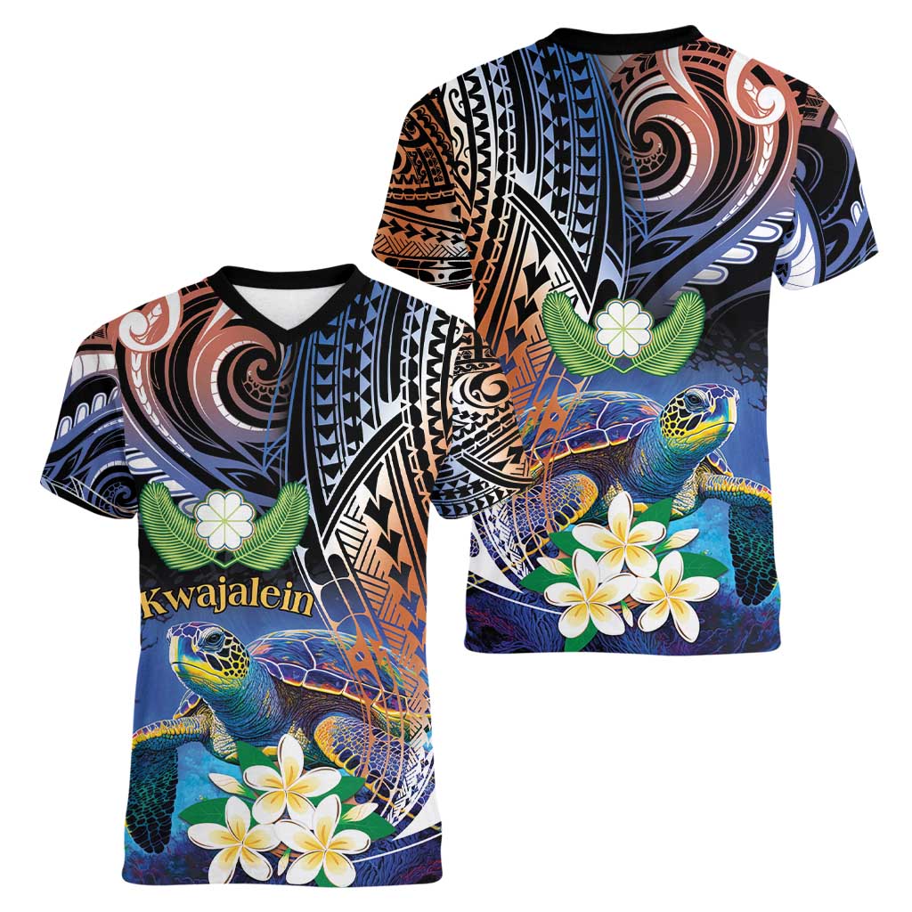Marshall Islands Kwajalein Atoll Women V-Neck T-Shirt Plumeria Sea Turtle with Polynesian Tribal LT9 - Polynesian Pride