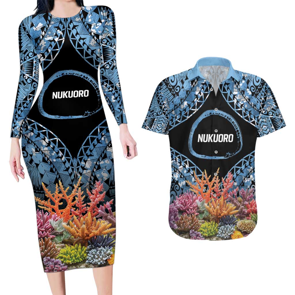 Personalised Nukuoro Micronesia Atoll Couples Matching Long Sleeve Bodycon Dress and Hawaiian Shirt with Pacific Coral Reef LT9 Blue - Polynesian Pride