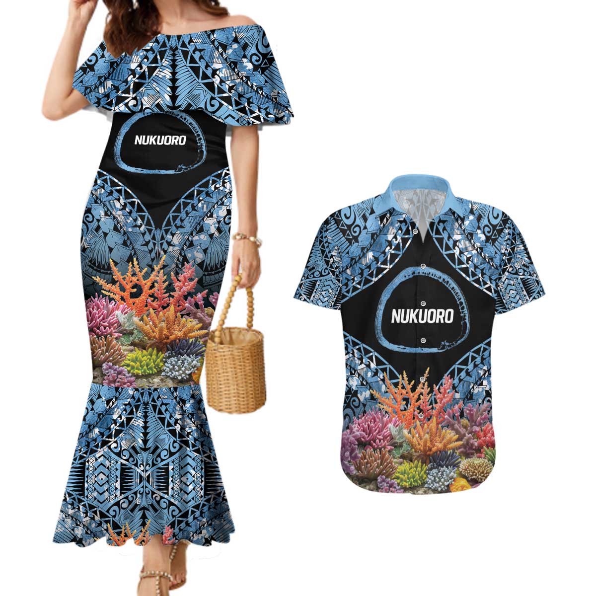 Personalised Nukuoro Micronesia Atoll Couples Matching Mermaid Dress and Hawaiian Shirt with Pacific Coral Reef LT9 Blue - Polynesian Pride