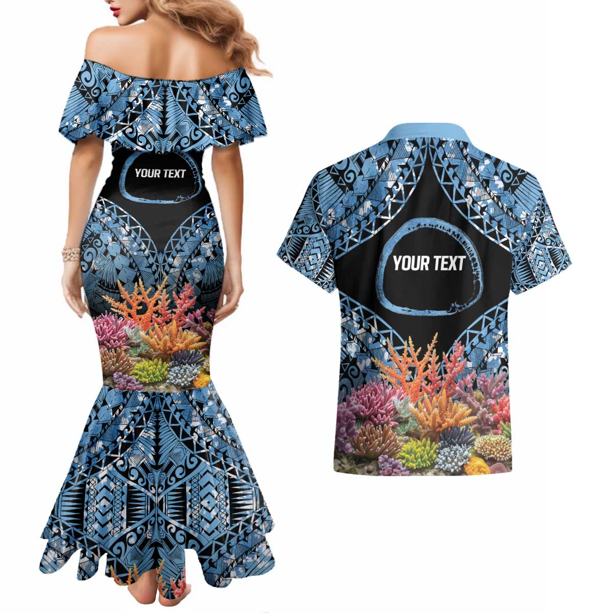 Personalised Nukuoro Micronesia Atoll Couples Matching Mermaid Dress and Hawaiian Shirt with Pacific Coral Reef LT9 - Polynesian Pride