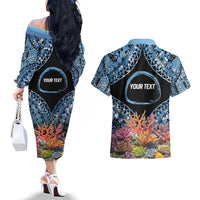 Personalised Nukuoro Micronesia Atoll Couples Matching Off The Shoulder Long Sleeve Dress and Hawaiian Shirt with Pacific Coral Reef LT9 - Polynesian Pride