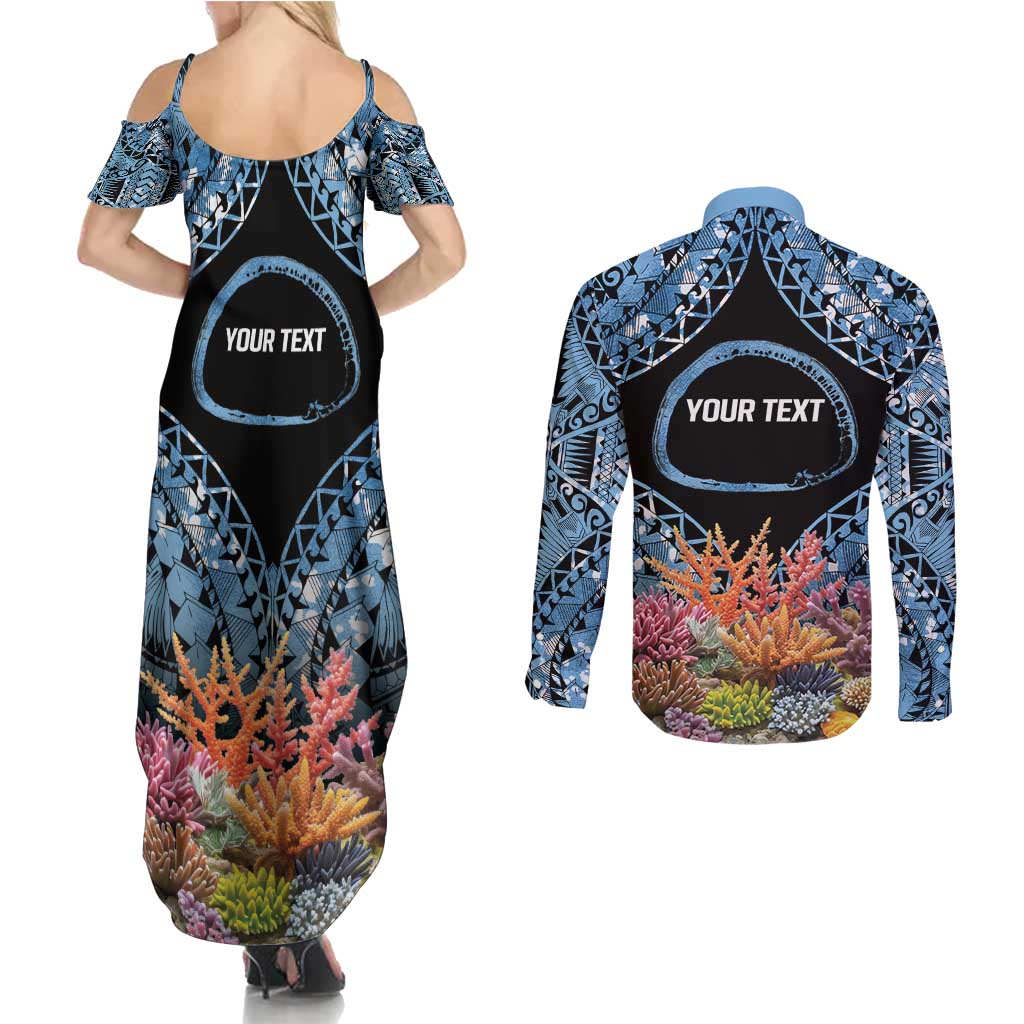 Personalised Nukuoro Micronesia Atoll Couples Matching Summer Maxi Dress and Long Sleeve Button Shirt with Pacific Coral Reef