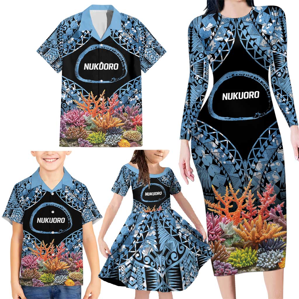 Personalised Nukuoro Micronesia Atoll Family Matching Long Sleeve Bodycon Dress and Hawaiian Shirt with Pacific Coral Reef LT9 - Polynesian Pride
