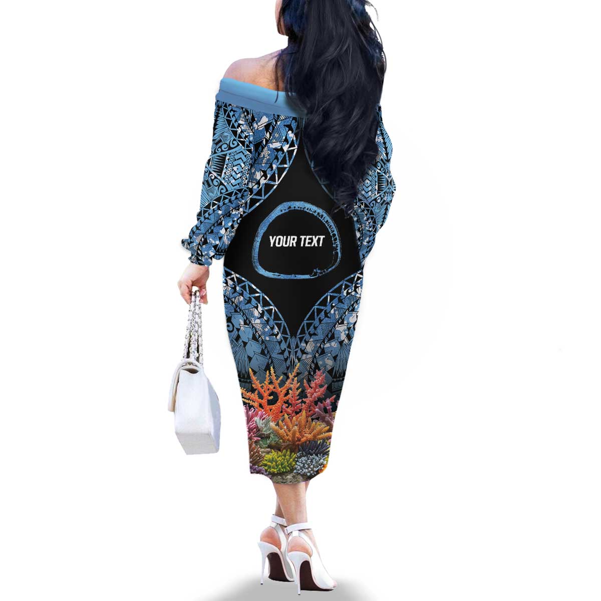 Personalised Nukuoro Micronesia Atoll Family Matching Off The Shoulder Long Sleeve Dress and Hawaiian Shirt with Pacific Coral Reef LT9 - Polynesian Pride