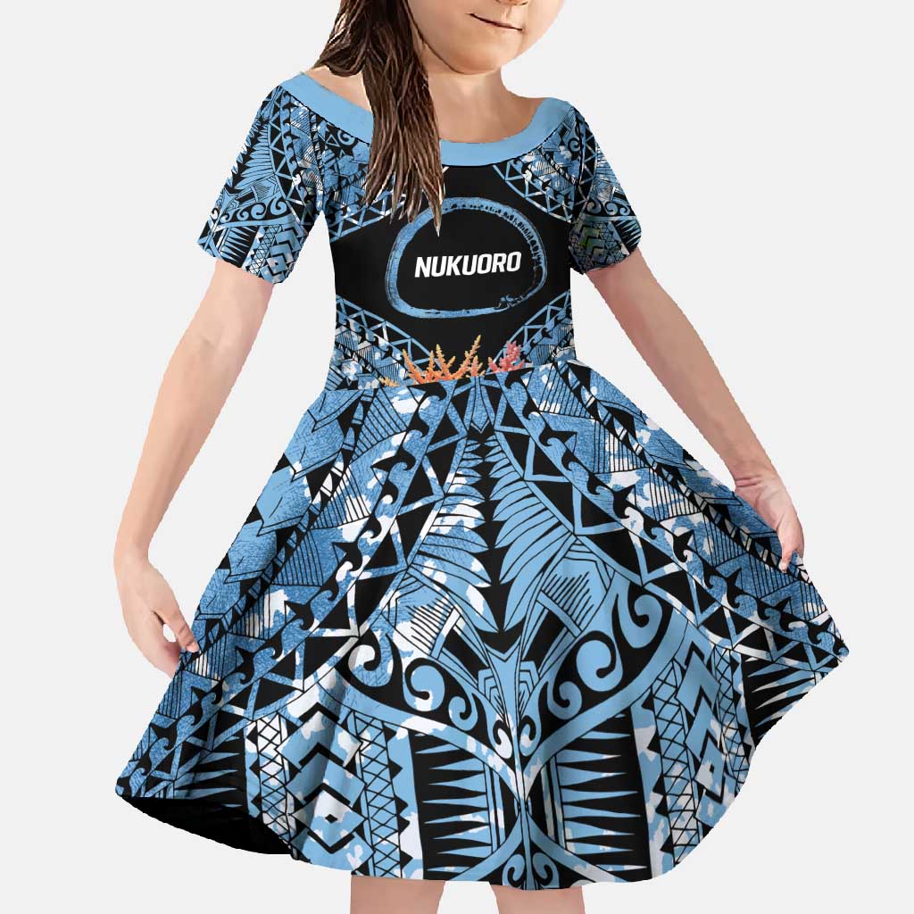 Personalised Nukuoro Micronesia Atoll Family Matching Off Shoulder Maxi Dress and Hawaiian Shirt with Pacific Coral Reef LT9 Daughter's Dress Blue - Polynesian Pride