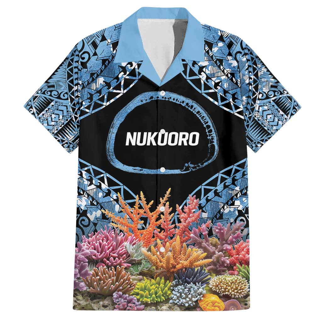 Personalised Nukuoro Micronesia Atoll Family Matching Off Shoulder Maxi Dress and Hawaiian Shirt with Pacific Coral Reef LT9 Dad's Shirt - Short Sleeve Blue - Polynesian Pride