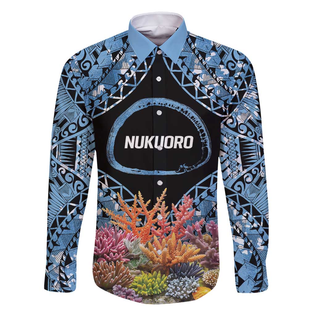 Personalised Nukuoro Micronesia Atoll Family Matching Off Shoulder Maxi Dress and Hawaiian Shirt with Pacific Coral Reef LT9 Dad's Shirt - Long Sleeve Blue - Polynesian Pride