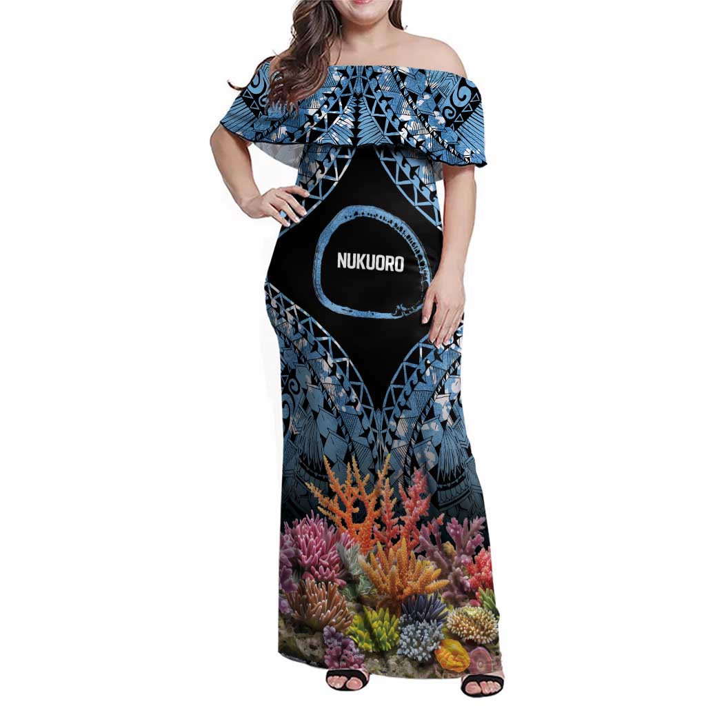 Personalised Nukuoro Micronesia Atoll Family Matching Off Shoulder Maxi Dress and Hawaiian Shirt with Pacific Coral Reef LT9 Mom's Dress Blue - Polynesian Pride