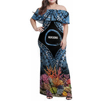 Personalised Nukuoro Micronesia Atoll Family Matching Off Shoulder Maxi Dress and Hawaiian Shirt with Pacific Coral Reef LT9 Mom's Dress Blue - Polynesian Pride