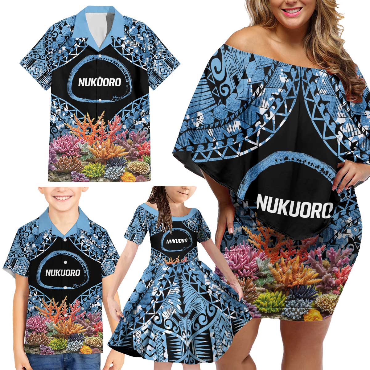 Personalised Nukuoro Micronesia Atoll Family Matching Off Shoulder Short Dress and Hawaiian Shirt with Pacific Coral Reef LT9 - Polynesian Pride