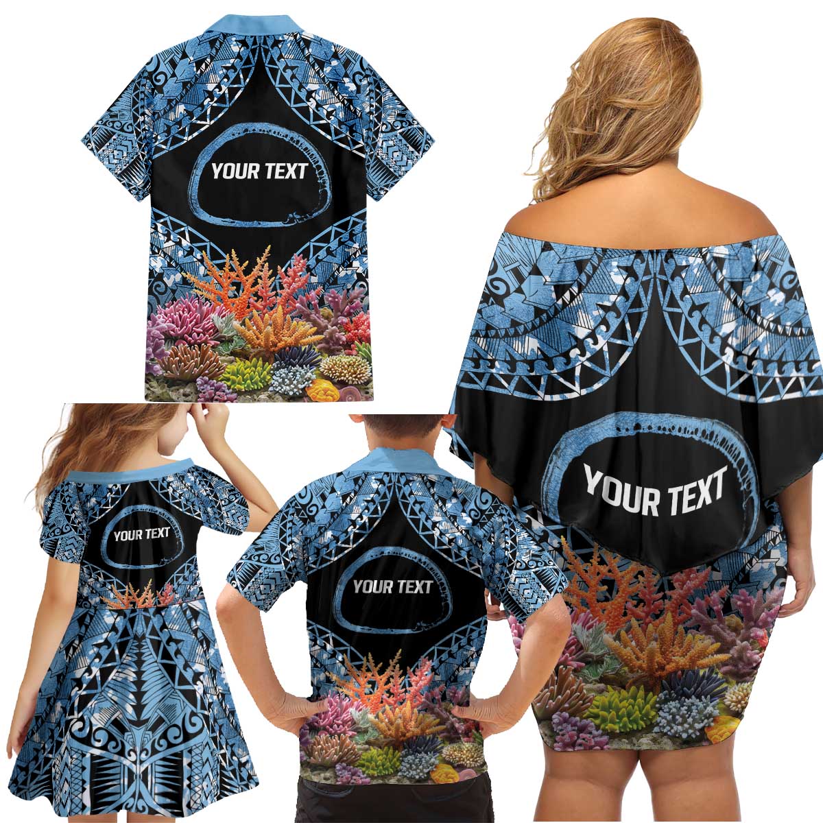 Personalised Nukuoro Micronesia Atoll Family Matching Off Shoulder Short Dress and Hawaiian Shirt with Pacific Coral Reef LT9 - Polynesian Pride