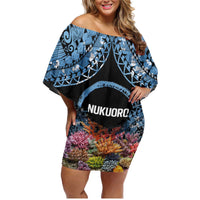 Personalised Nukuoro Micronesia Atoll Family Matching Off Shoulder Short Dress and Hawaiian Shirt with Pacific Coral Reef LT9 Mom's Dress Blue - Polynesian Pride