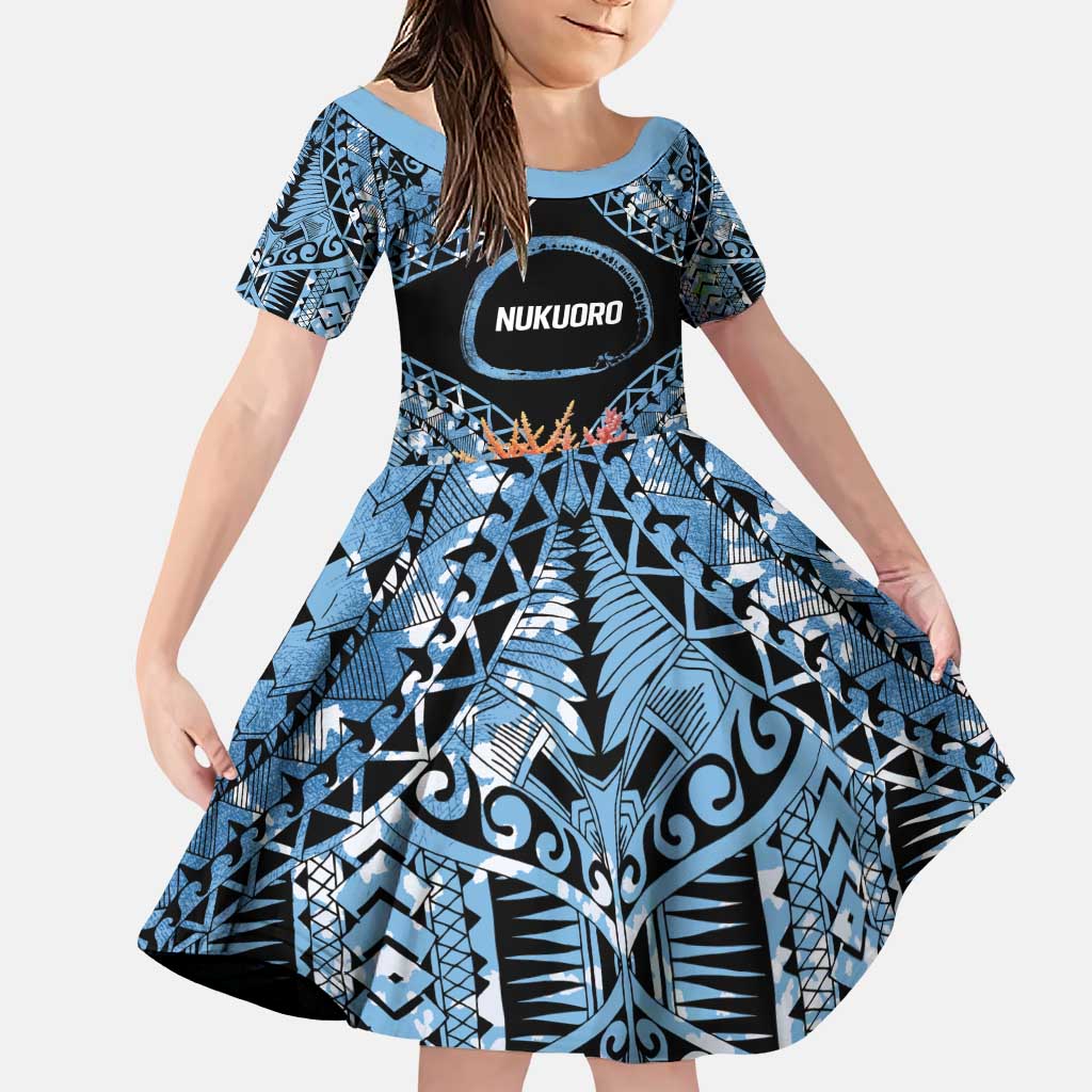 Personalised Nukuoro Micronesia Atoll Family Matching Puletasi and Hawaiian Shirt with Pacific Coral Reef LT9 Daughter's Dress Blue - Polynesian Pride