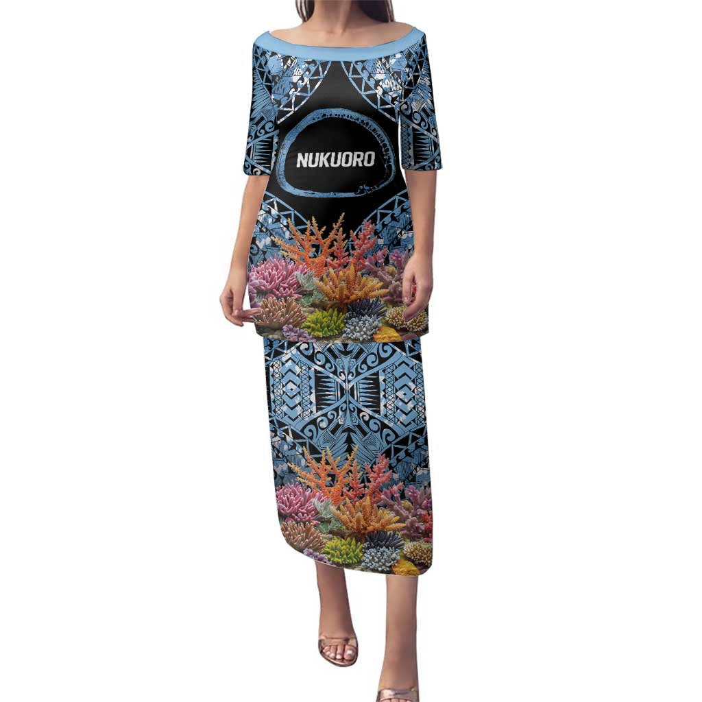 Personalised Nukuoro Micronesia Atoll Family Matching Puletasi and Hawaiian Shirt with Pacific Coral Reef LT9 Mom's Dress Blue - Polynesian Pride