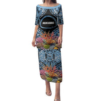 Personalised Nukuoro Micronesia Atoll Family Matching Puletasi and Hawaiian Shirt with Pacific Coral Reef LT9 Mom's Dress Blue - Polynesian Pride