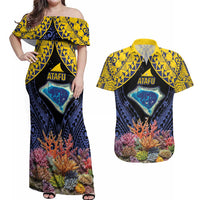 Tokelau Atafu Atoll Personalised Couples Matching Off Shoulder Maxi Dress and Hawaiian Shirt Pacific Coral Reef Vibe LT9 Gold - Polynesian Pride